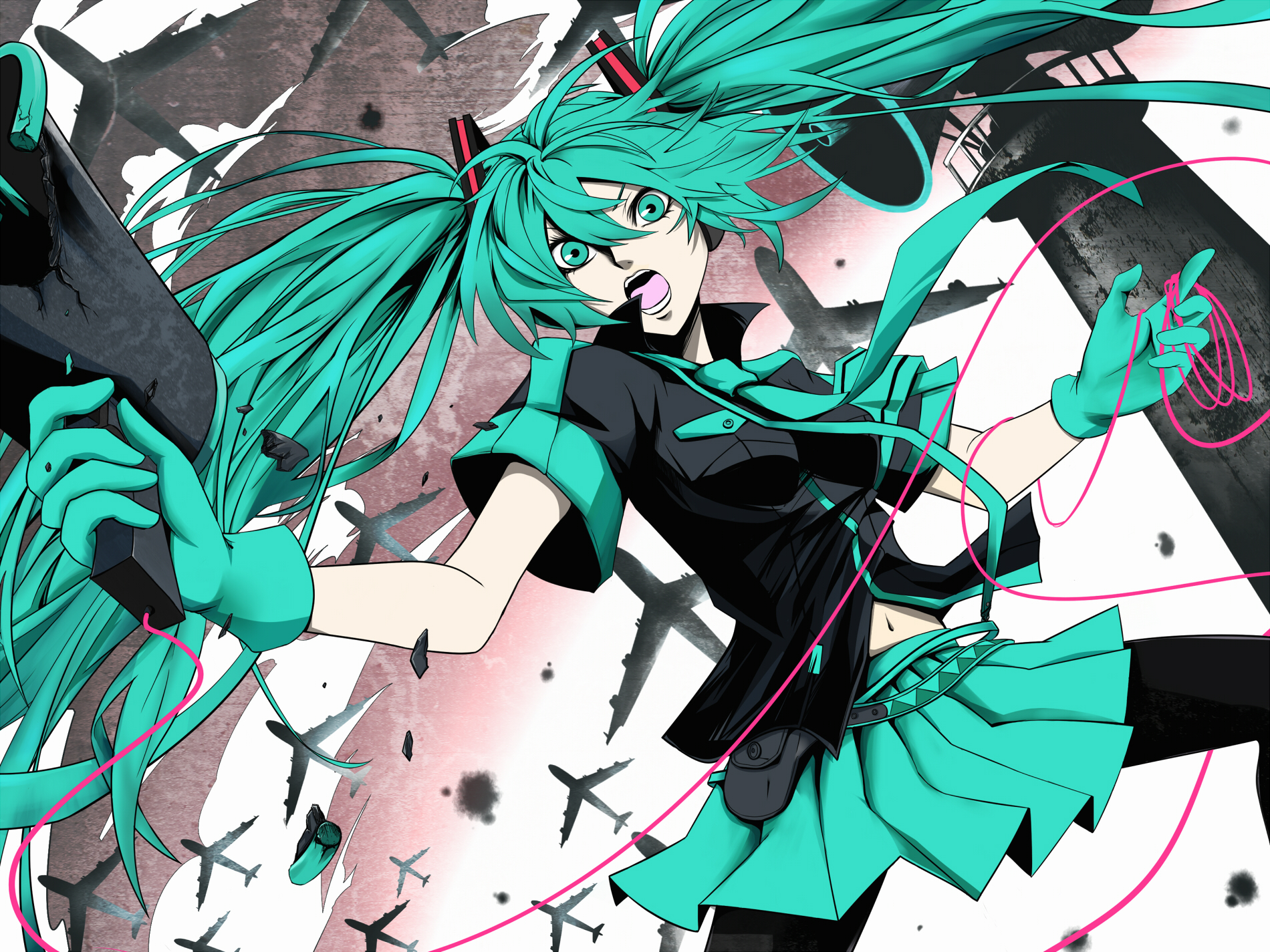 aircraft, aqua_eyes, aqua_hair, gloves, hatsune_miku, kazabana_kazabana, koi_wa_sensou_(vocaloid), long_hair