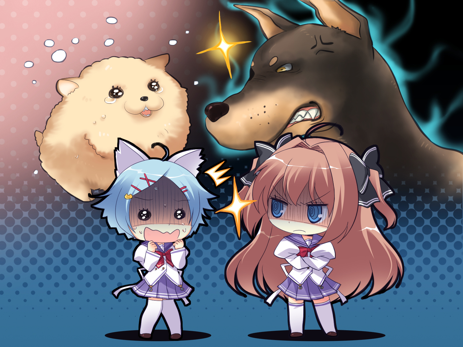 animal, brown_eyes, brown_hair, charlotte_vaasa, chibi, dog, game_cg, journey