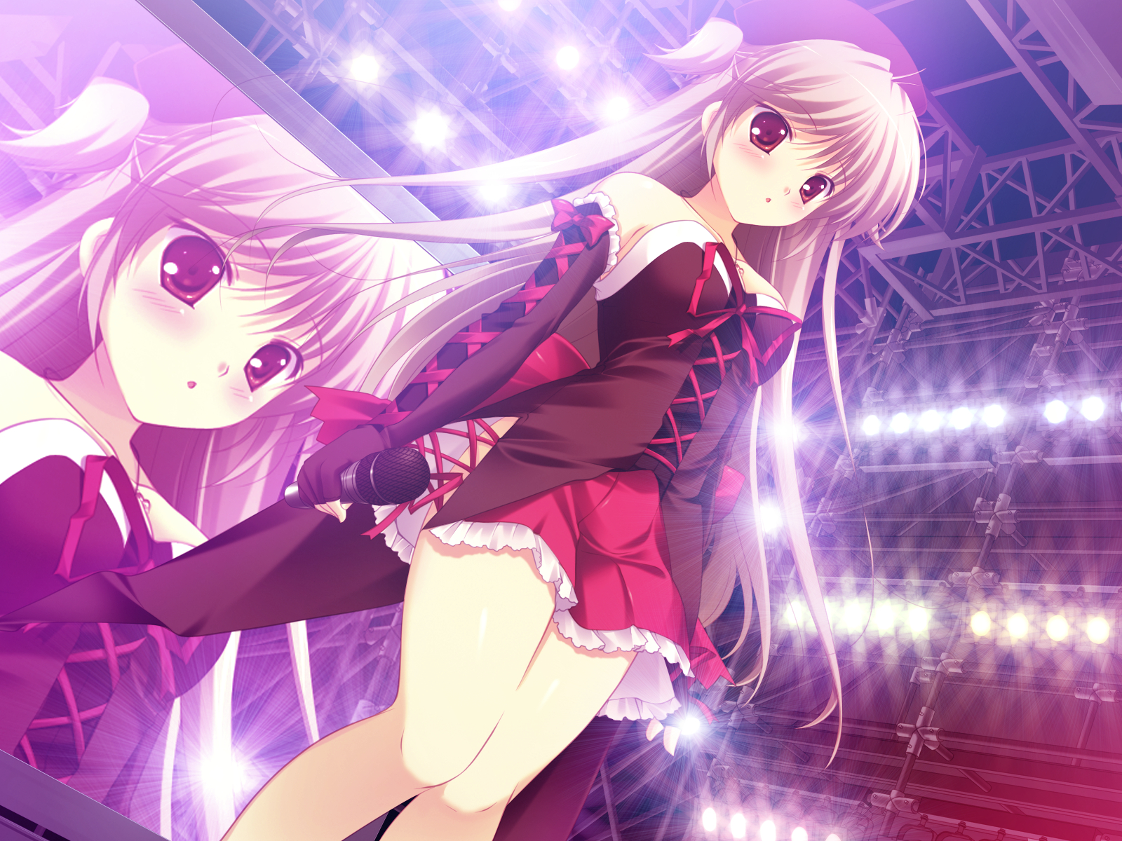 blush, brown_hair, game_cg, journey, microphone, mikeou, nanairo_kouro, nanami_haruka, red_eyes