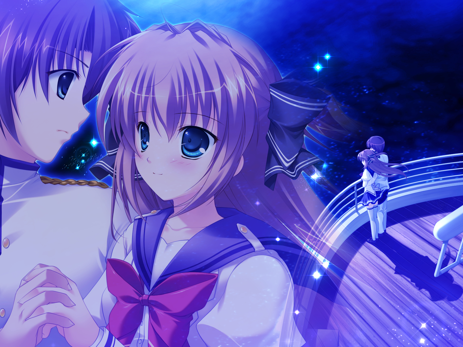 asuka_mirai, blue_eyes, bow, brown_hair, game_cg, journey, mikeou, nanairo_kouro