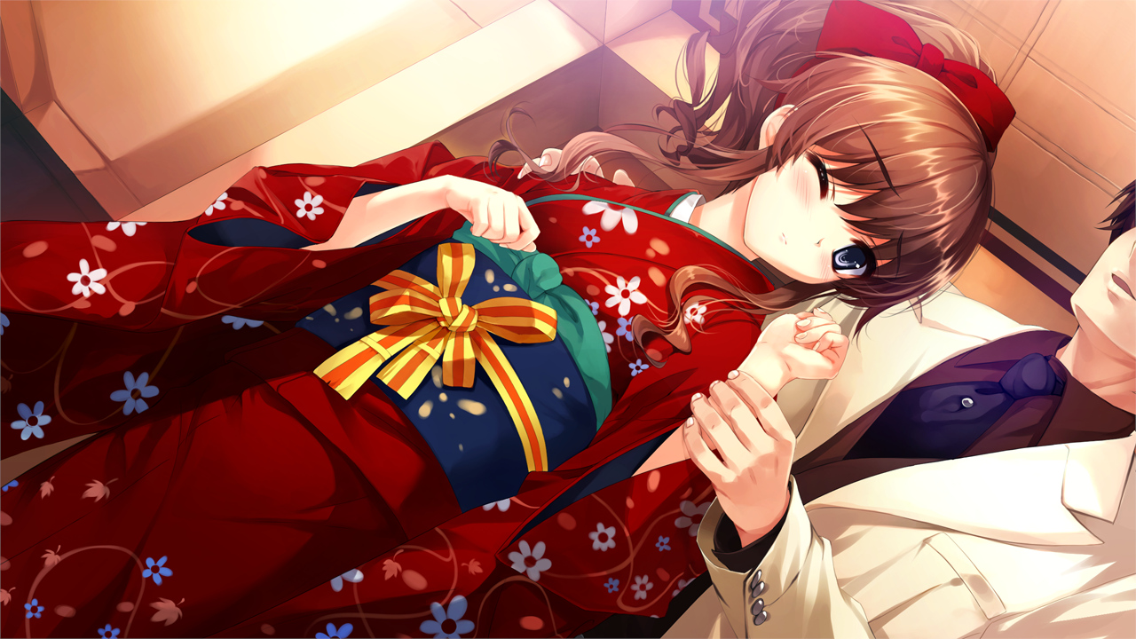 blush, brown_hair, game_cg, hanamiya_nagisa, japanese_clothes, kimono, kuroya_shinobu, short_hair