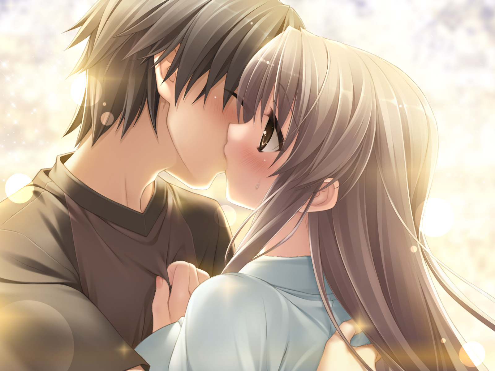 blush, brown_eyes, cube, game_cg, gray_hair, kanekiyo_miwa, kiss, long_hair, natsu_no_ame, shinooka_misa