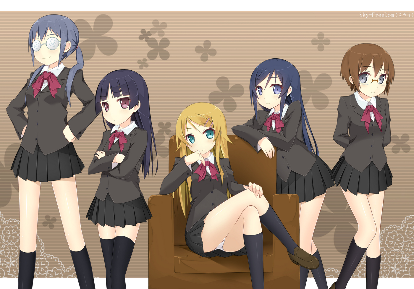 aqua_eyes, aragaki_ayase, blue_eyes, blue_hair, blush, brown_hair, glasses, gokou_ruri, kousaka_kirino, long_hair, makishima_saori, orange_hair, ore_no_imouto_ga_konna_ni_kawaii_wake_ga_nai, panties, school_uniform, short_hair, sky_(freedom), tamura_manami, thighhighs, twintails, underwear