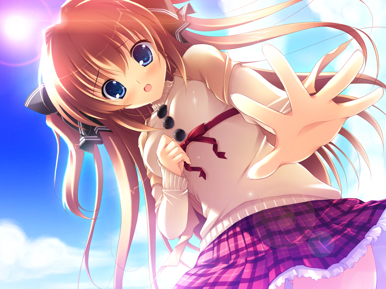 asuka_mirai, blue_eyes, blush, brown_hair, game_cg, journey, mikeou, nanairo_kouro, sky
