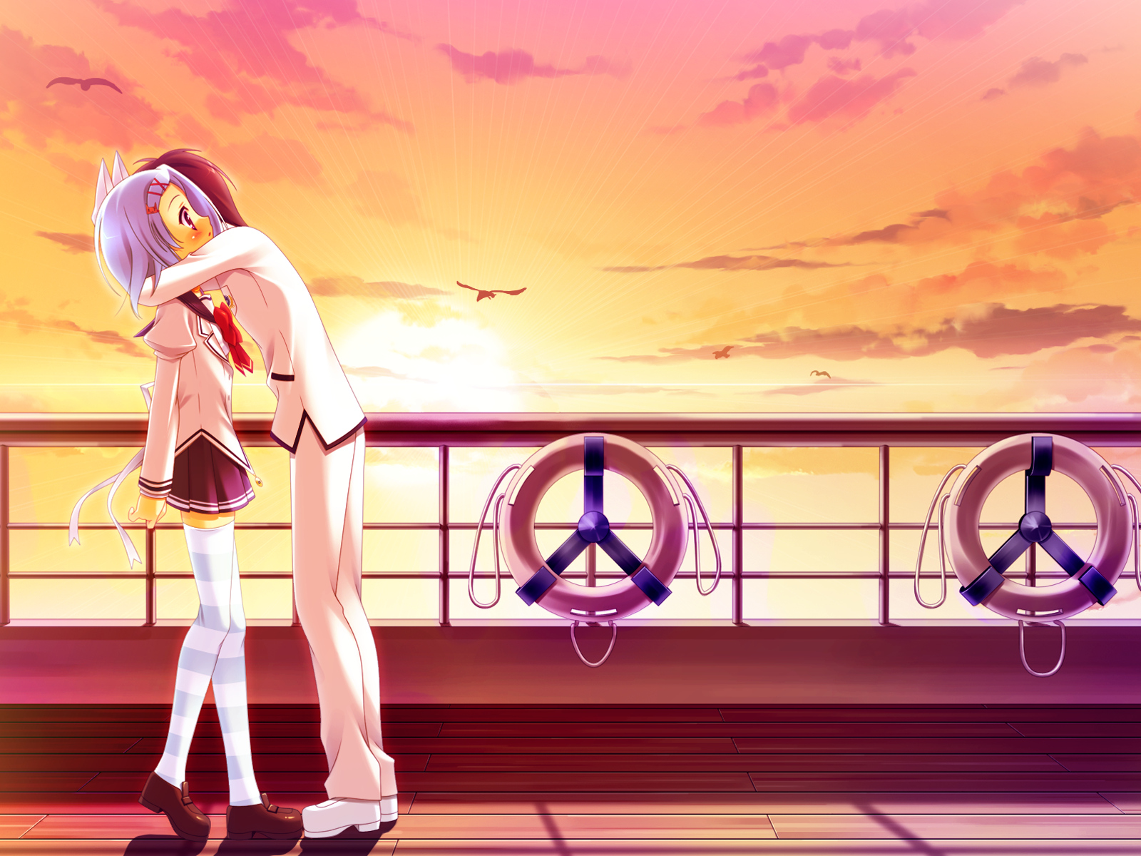 blue_hair, charlotte_vaasa, clouds, game_cg, hug, journey, nanairo_kouro, naruse_mamoru
