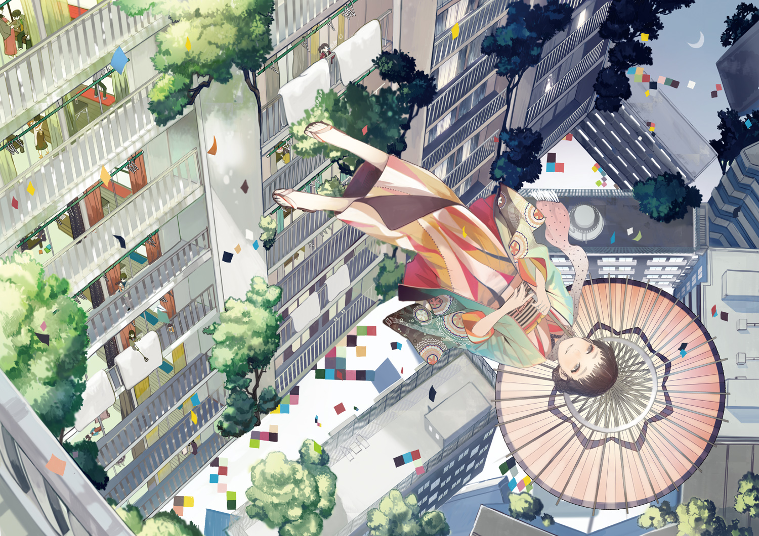 black_hair, building, japanese_clothes, original, shimetta_oshime, short_hair, tree, umbrella