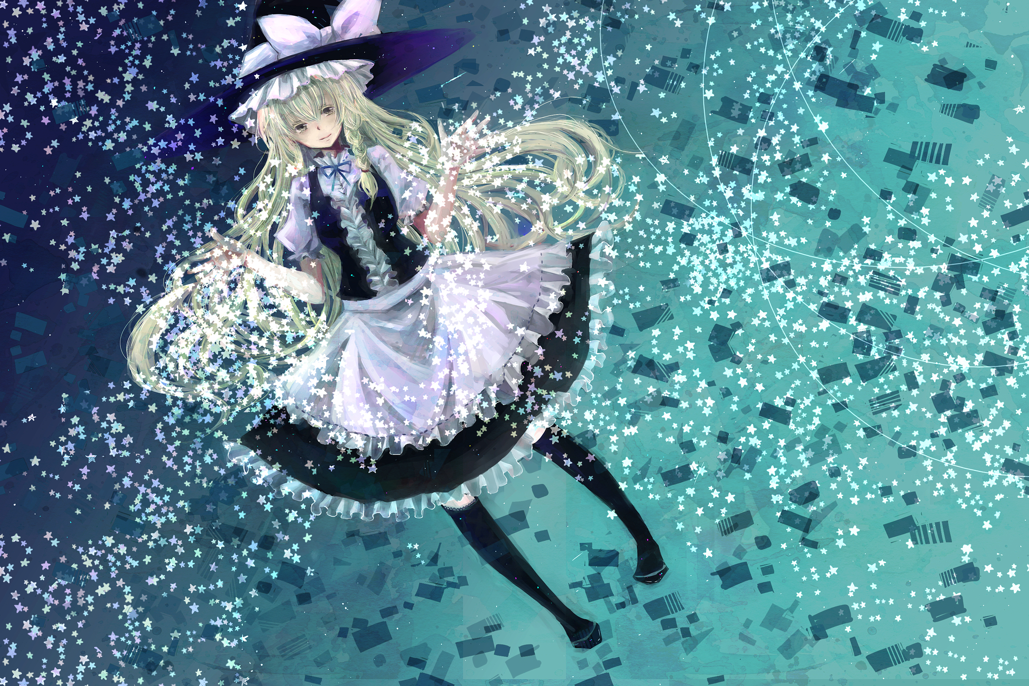 blonde_hair, boots, bow, braids, brown_eyes, hat, kirisame_marisa, long_hair, shiratsuyu, stars, touhou, witch