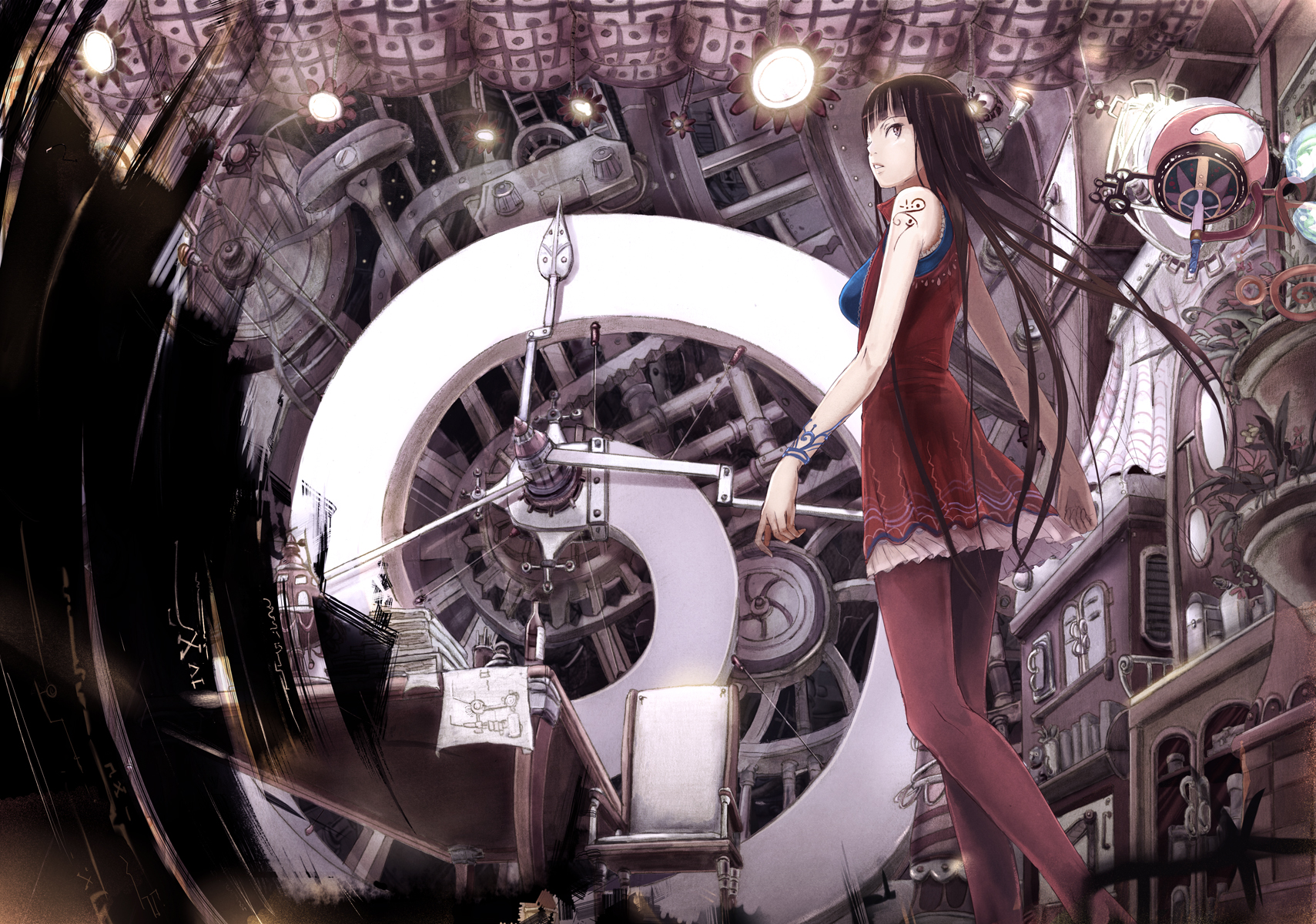 book, brown_eyes, brown_hair, dress, long_hair, moka._tapioka, original, pantyhose