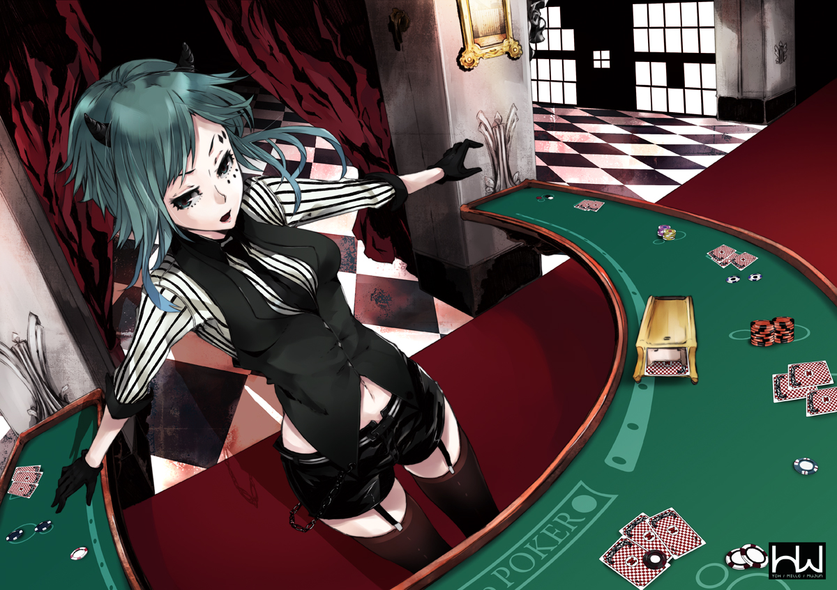 aqua_hair, gloves, gumi, mirre, poker_face_(vocaloid), thighhighs, tie, vocaloid