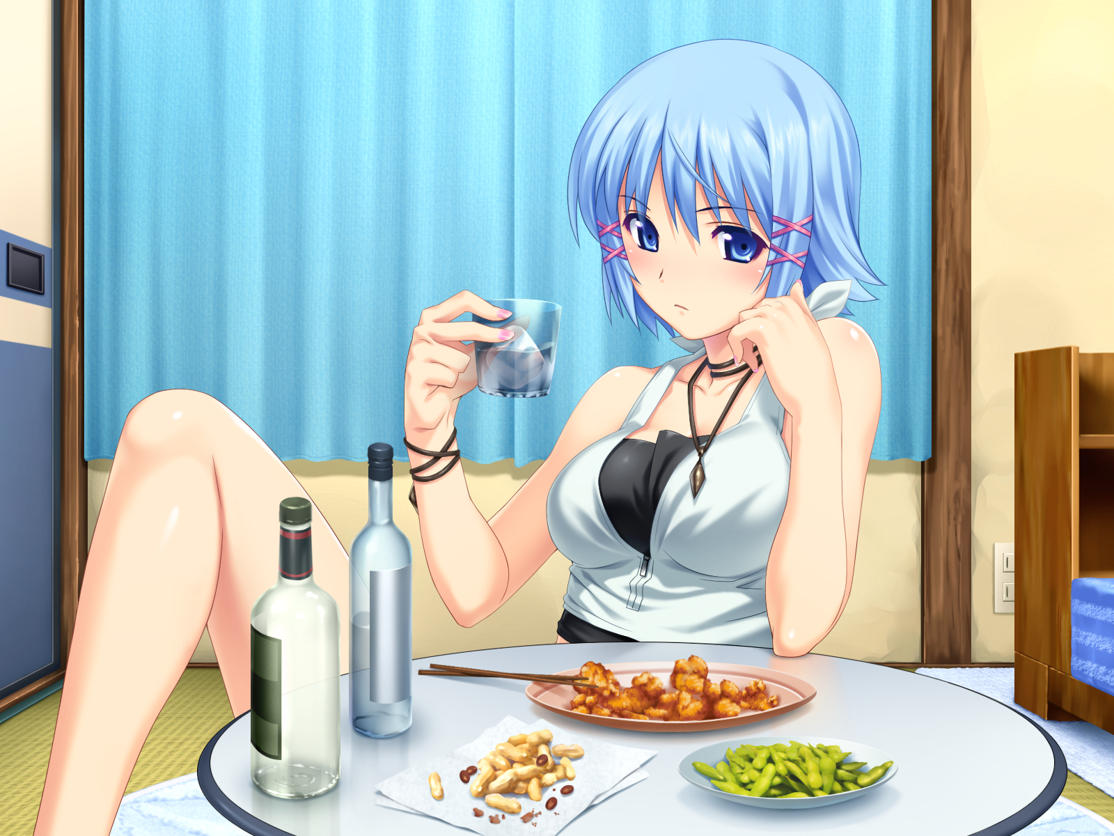 aqua_hair, blue_eyes, drink, food, game_cg, himuro_rikka, koutaro, necklace