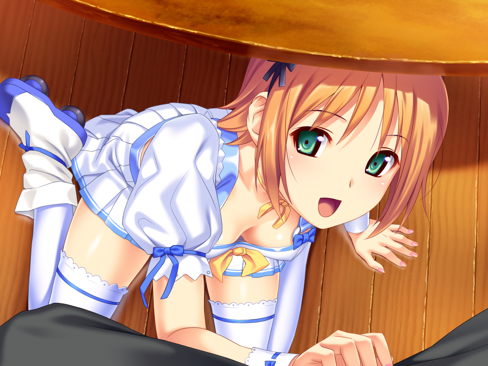 breasts, cleavage, game_cg, green_eyes, koutaro, minazuki_izumi, orange_hair, short_hair, tropical_kiss, twinkle