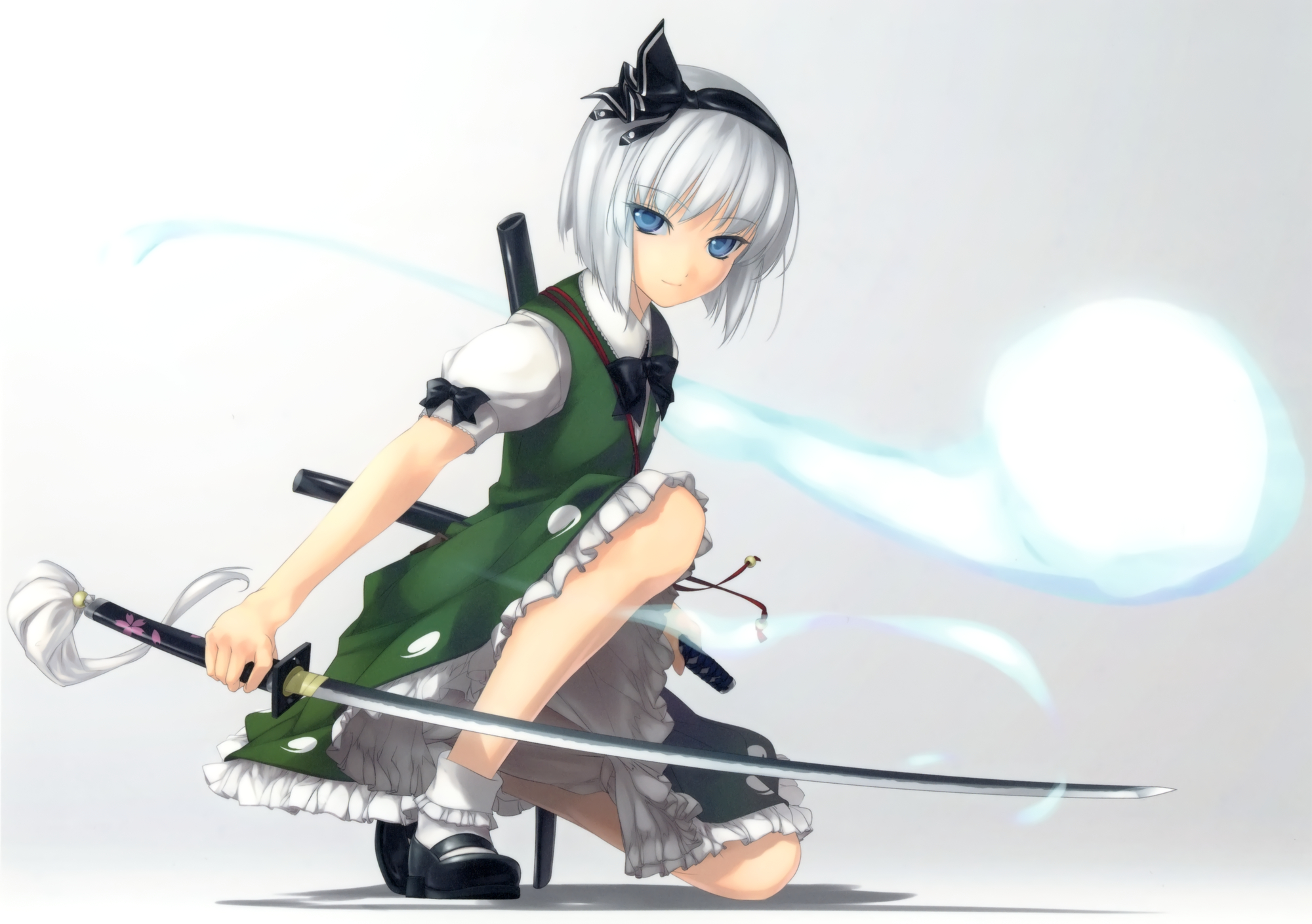 blue_eyes, bow, gray, headband, katana, konpaku_youmu, myon, rokuwata_tomoe