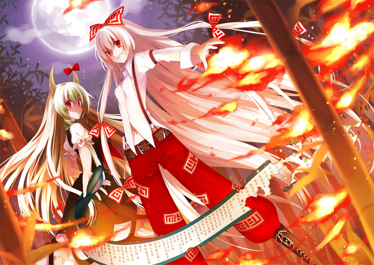2girls, boots, bow, dress, ex_keine, fire, fujiwara_no_mokou, green_hair