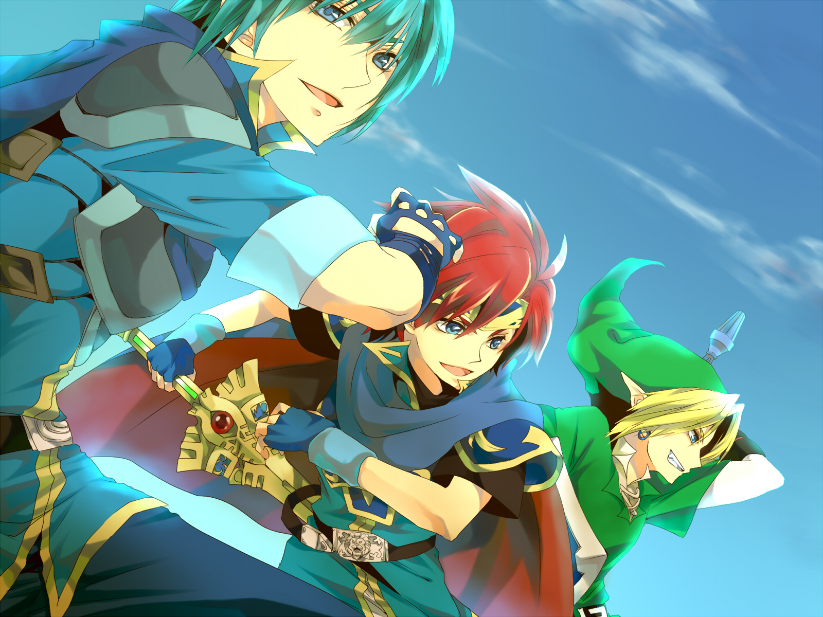 all_male, aqua_hair, blonde_hair, blue_eyes, cape, fire_emblem, link_(zelda), male, marth_(fire_emblem), nintendo, pointed_ears, red_hair, roy_(fire_emblem), short_hair, super_smash_bros., sword, tagme, the_legend_of_zelda, weapon