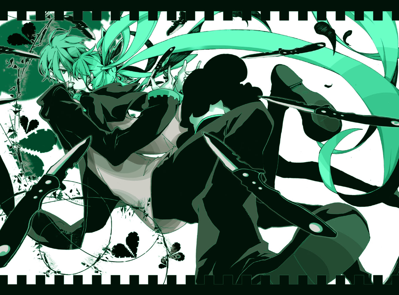 hatsune_miku, hatsune_mikuo, knife, male, nisoku_hokou_(vocaloid), polychromatic, sorasou_torikodan, vocaloid, weapon