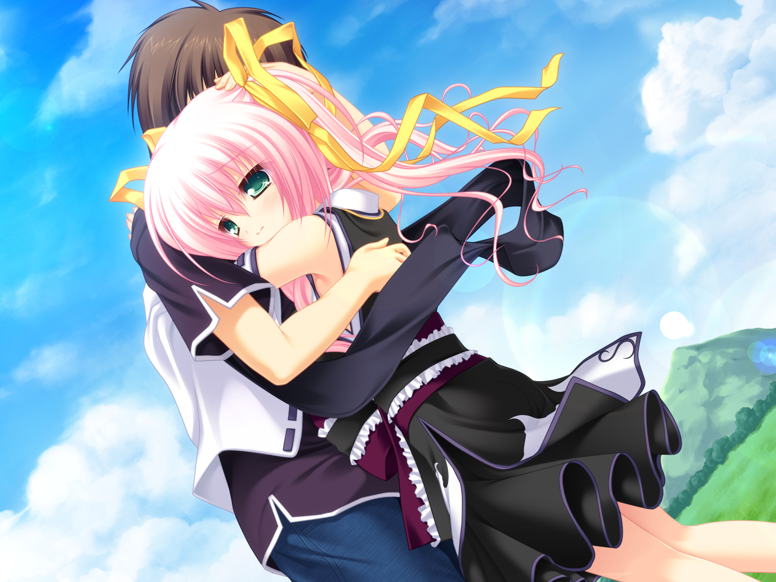 clouds, game_cg, green_eyes, hug, mikagami_mamizu, neko_koi, pink_hair, sky, toono_sayaka, whirlpool