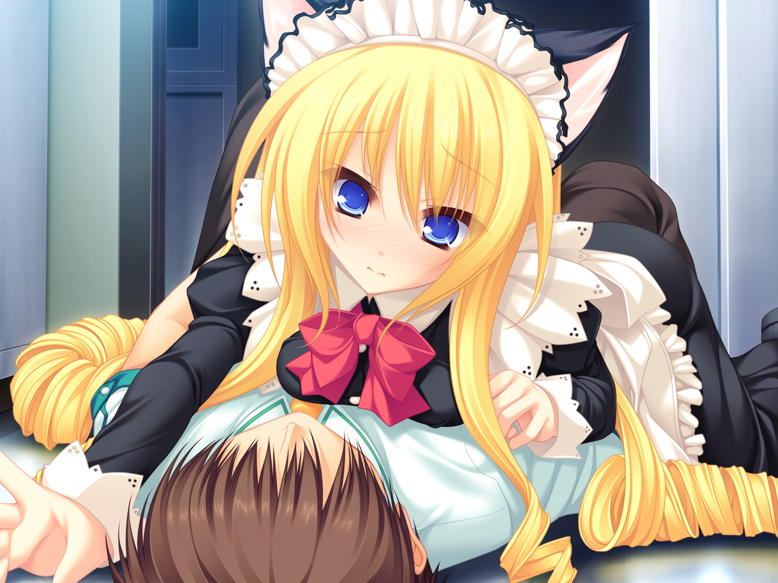 animal_ears, blonde_hair, blue_eyes, blush, game_cg, koshimizu_rei, maid, mikagami_mamizu