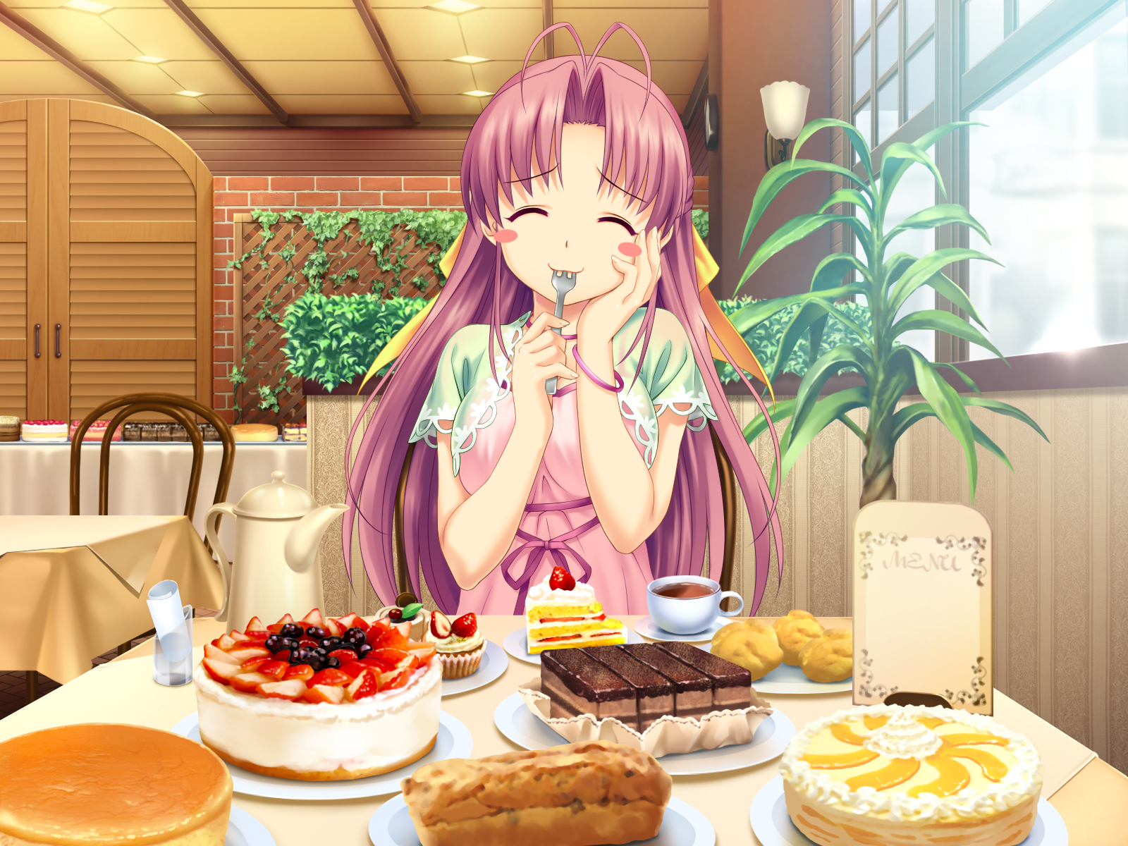 aoi_matsuri, blush, food, game_cg, koutaro, long_hair, pink_hair, tropical_kiss