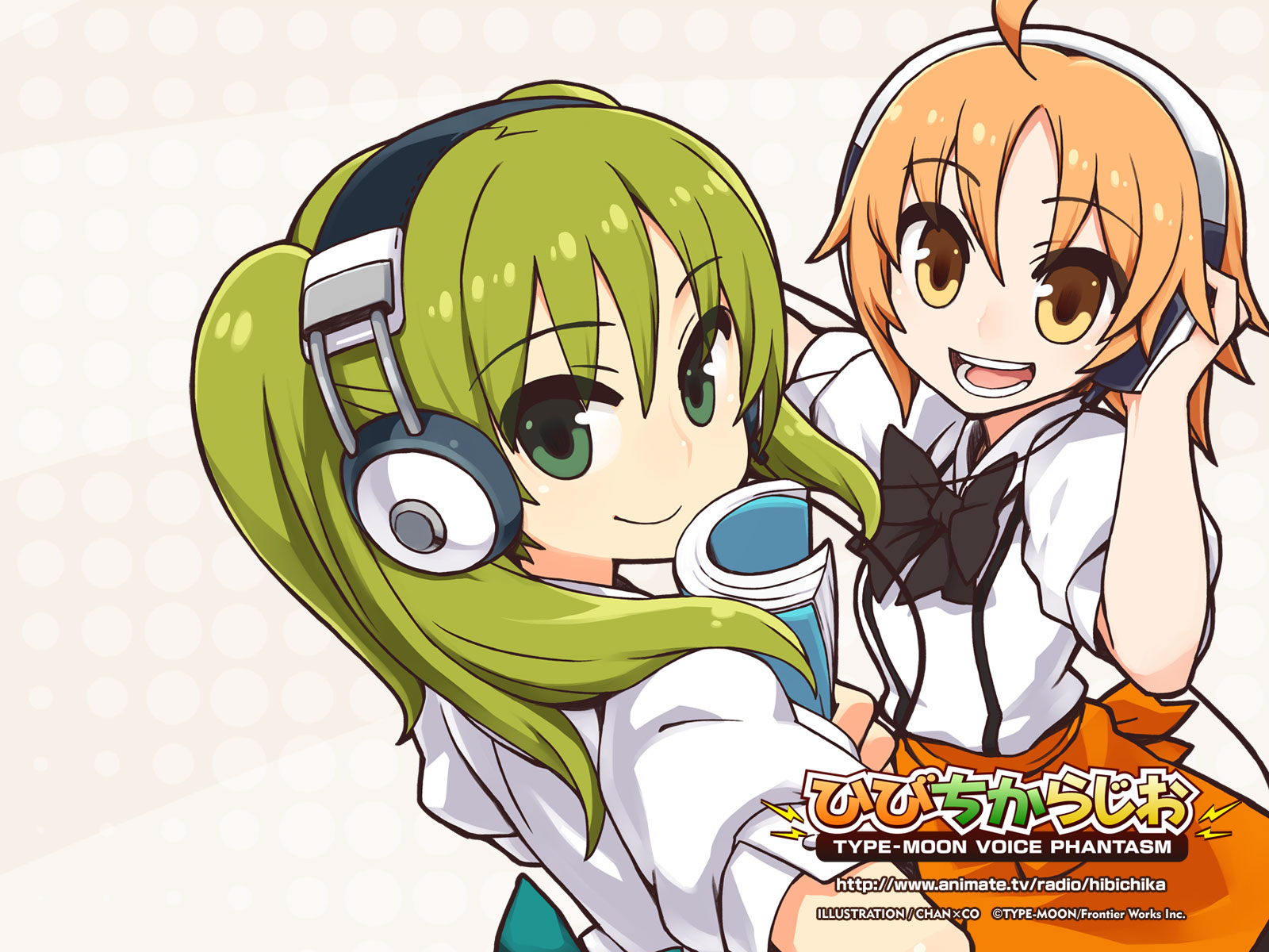 green_hair, headphones, hibino_hibiki, katsuragi_chikagi, orange_hair, tagme, twintails, type-moon