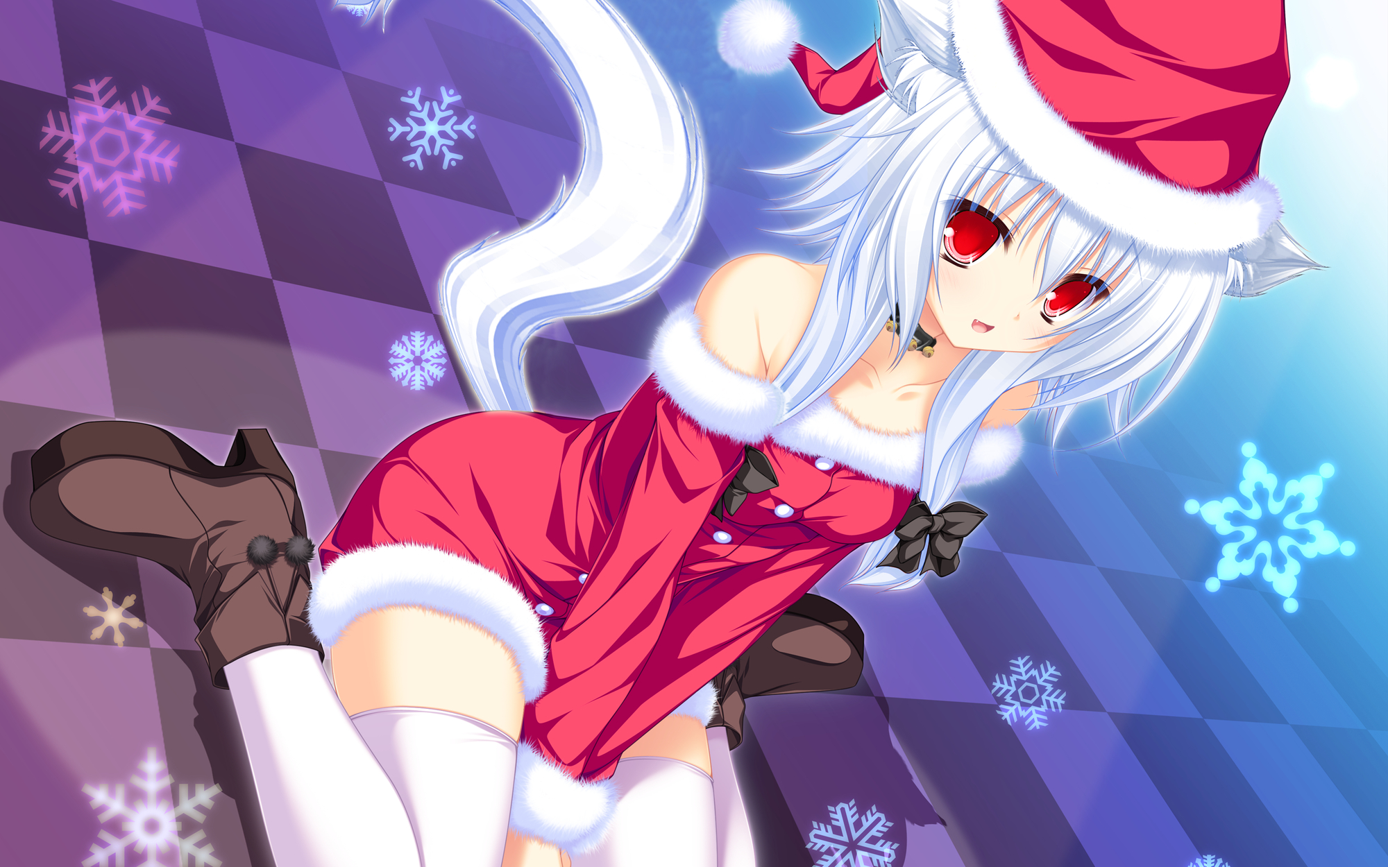 animal_ears, christmas, collar, fang, foxgirl, koshimizu_rei, mikagami_mamizu, neko_koi, red_eyes, santa_costume, tail, thighhighs, third-party_edit, whirlpool, white_hair
