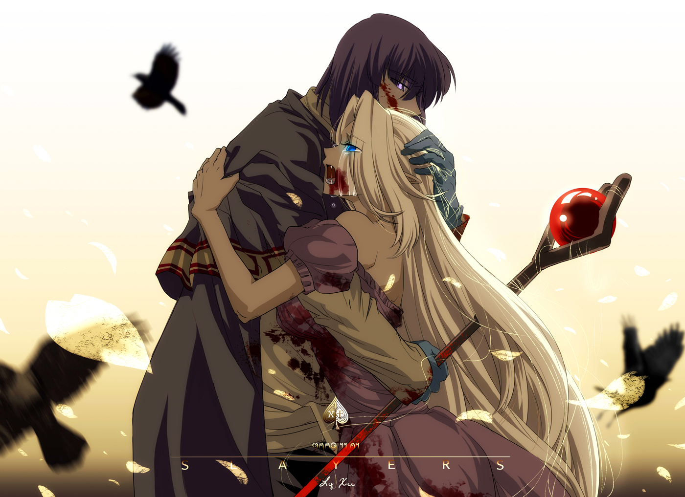 animal, bird, blood, blue_eyes, dress, fang, feathers, filia_ul_copt, long_hair, lyxu, slayers, staff, tears, xelloss_metallium