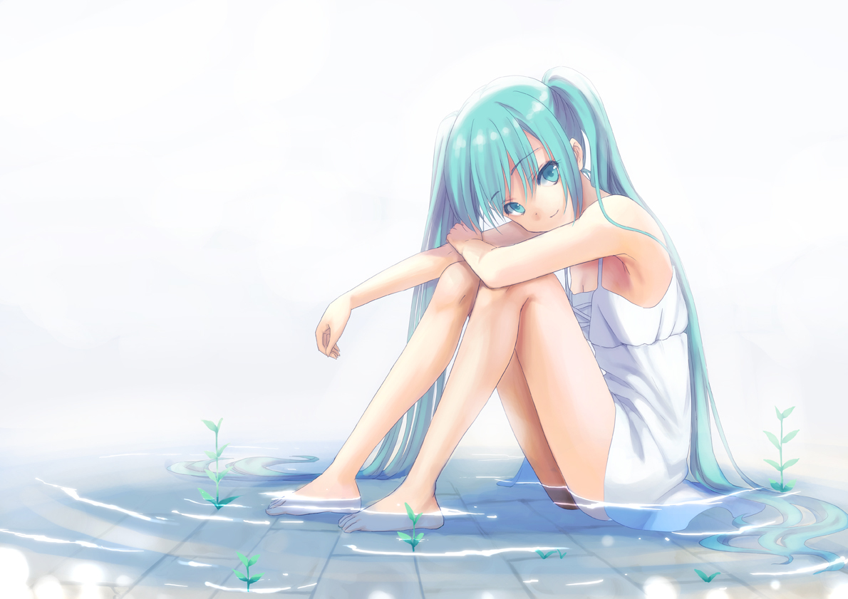 aqua_eyes, aqua_hair, dress, hatsune_miku, li_(liras), long_hair, twintails, vocaloid, water, white