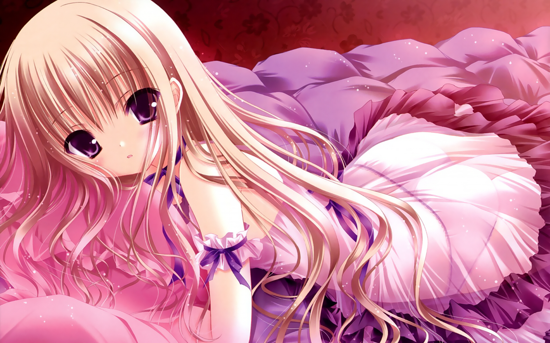 bow, dress, flowers, loli, long_hair, meari, panties, purple_eyes, see_through, tinkle, tsukiyo_no_fromage, underwear, wet