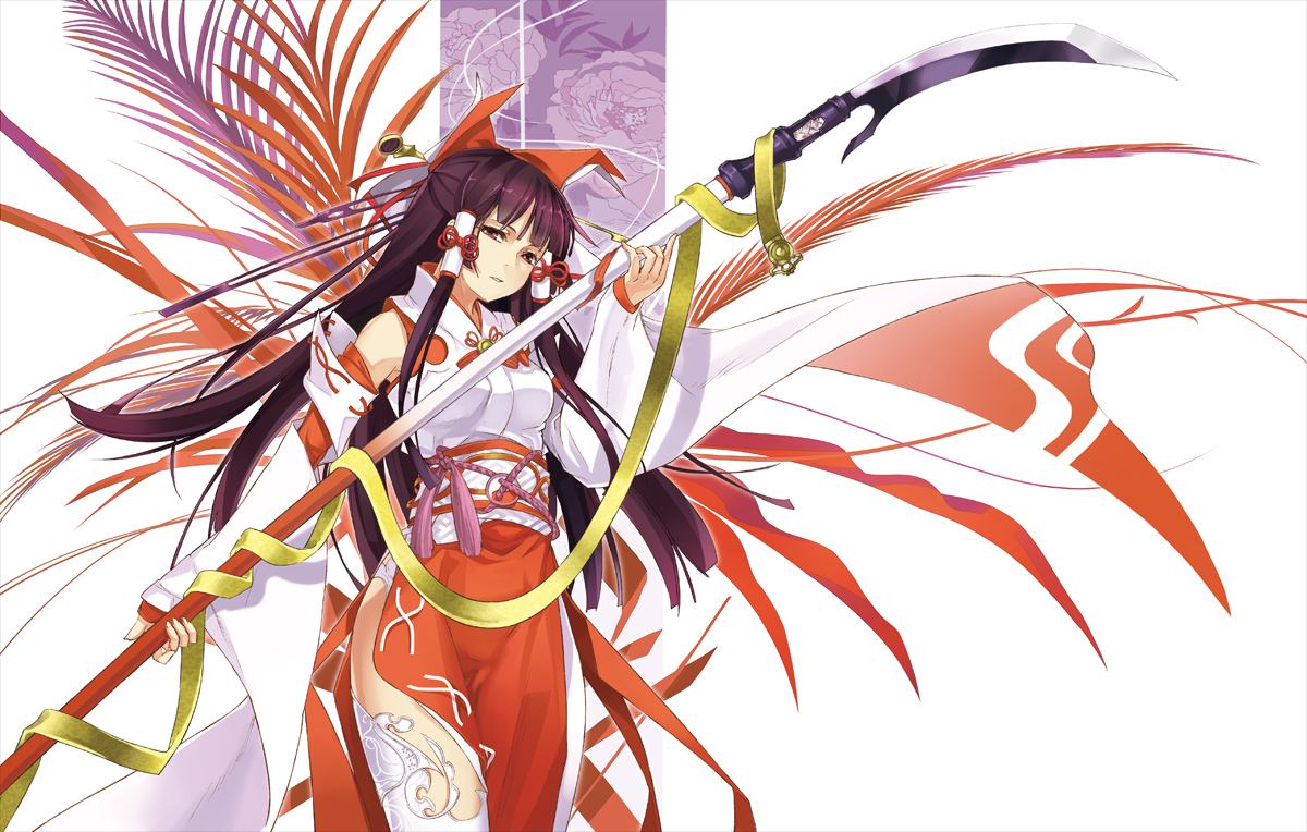 bow, brown_eyes, brown_hair, hakurei_reimu, japanese_clothes, long_hair, miko, spear