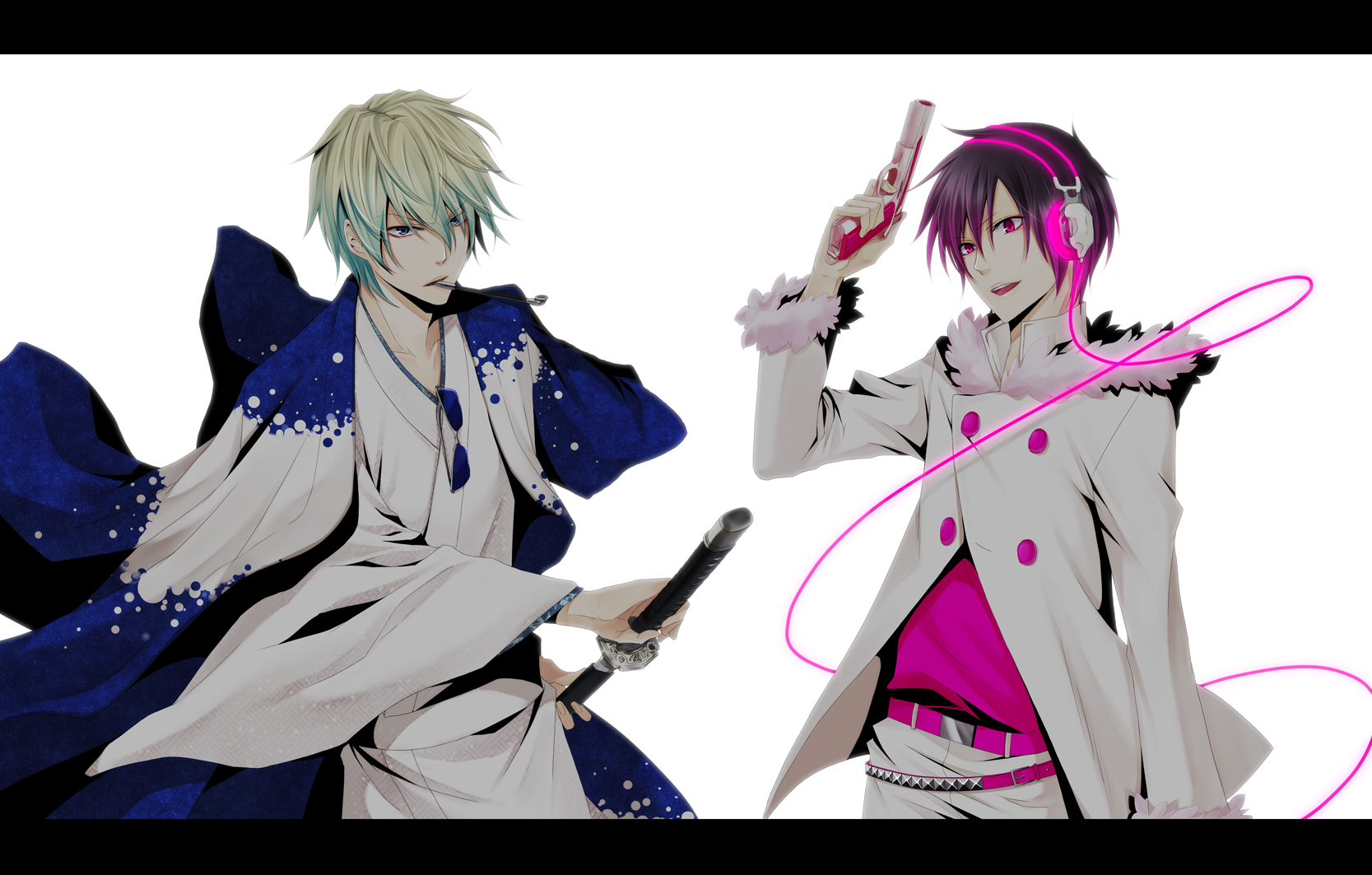 all_male, durarara!!, gun, headphones, heiwajima_shizuo, male, orihara_izaya, sword