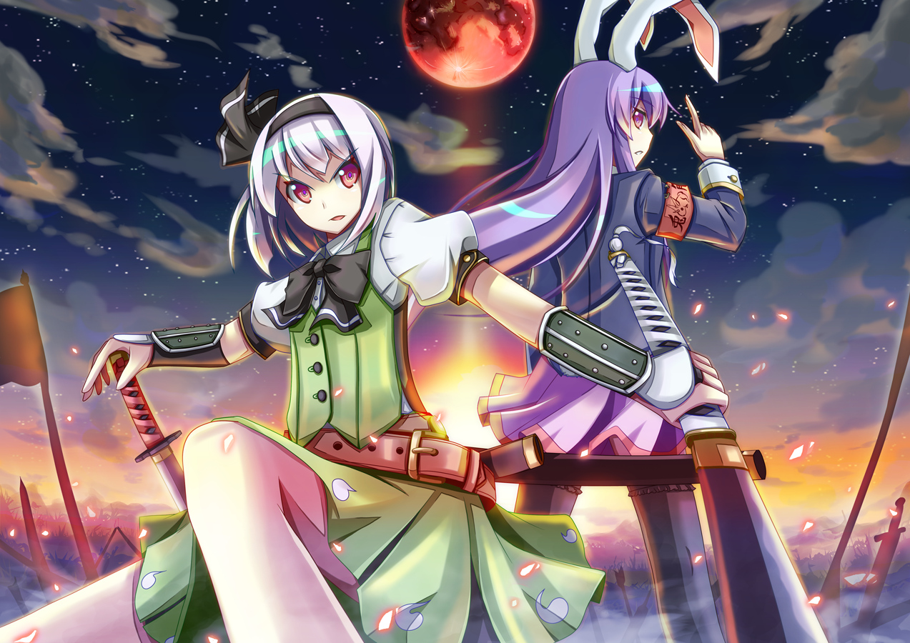 2girls, akiyasu, animal_ears, bow, bunny_ears, bunnygirl, clouds, headband, katana, konpaku_youmu, moon, purple_eyes, purple_hair, red_eyes, reisen_udongein_inaba, skirt, sky, sunset, sword, thighhighs, touhou, weapon, white_hair