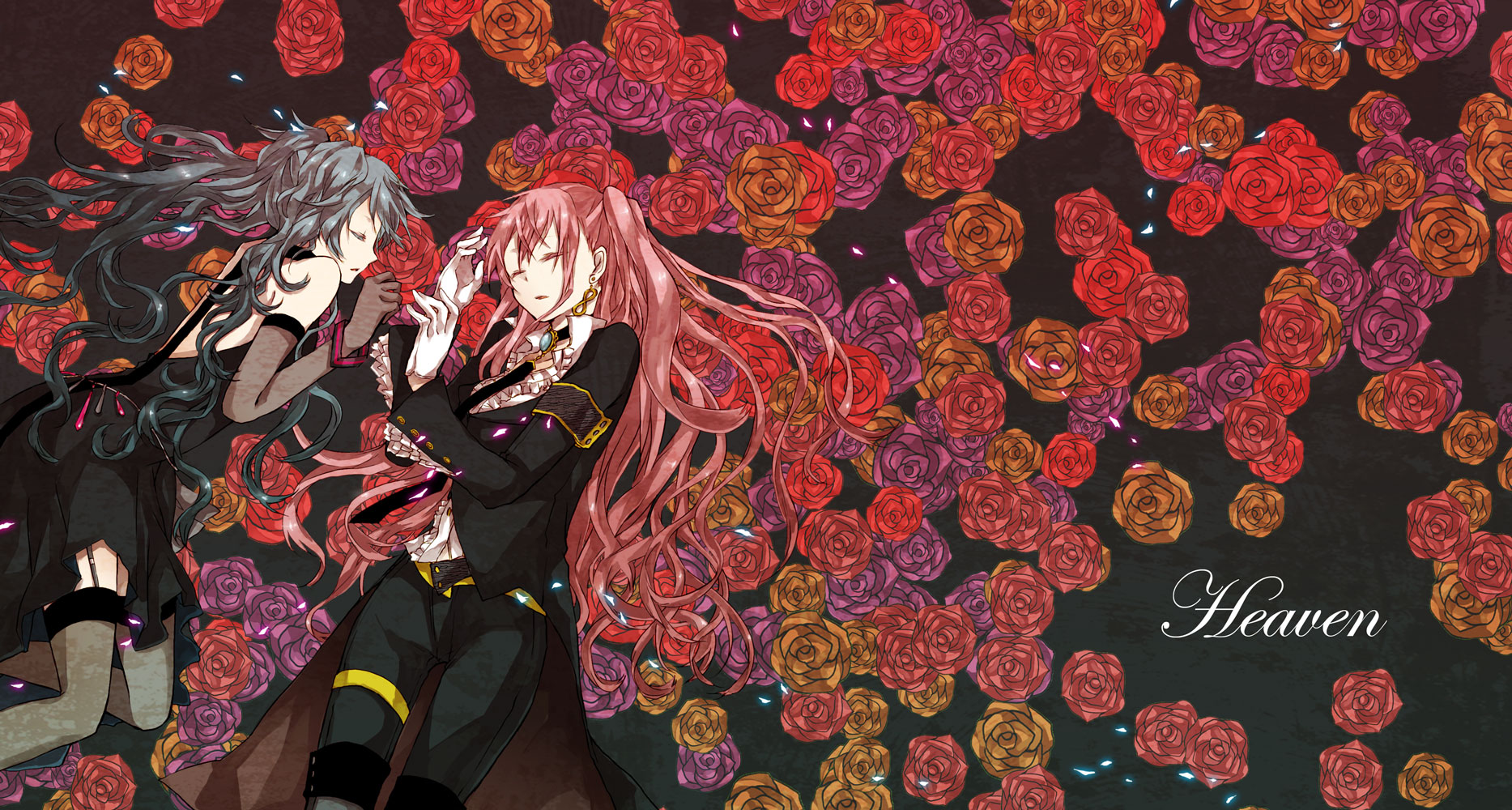 2girls, aqua_hair, buzz, dress, flowers, hatsune_miku, long_hair, megurine_luka
