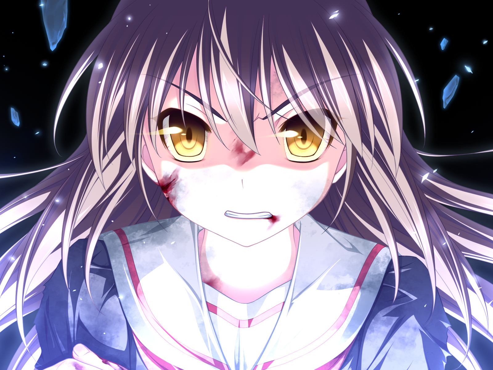 blood, brown_hair, close, game_cg, male, otoko_no_ko, rui_wa_tomo_wo_yobu, saeki_hokuto, school_uniform, wakutsu_tomo, yellow_eyes