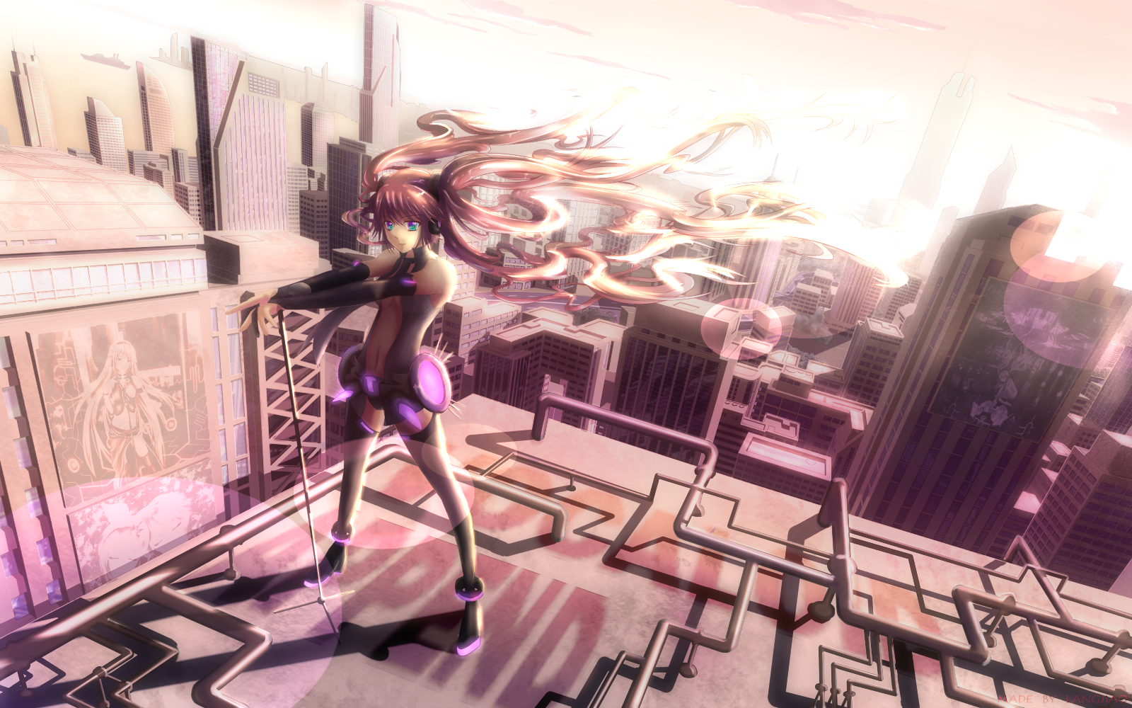 aqua_eyes, boots, building, city, hatsune_miku, kagamine_len, kagamine_rin, langjiao