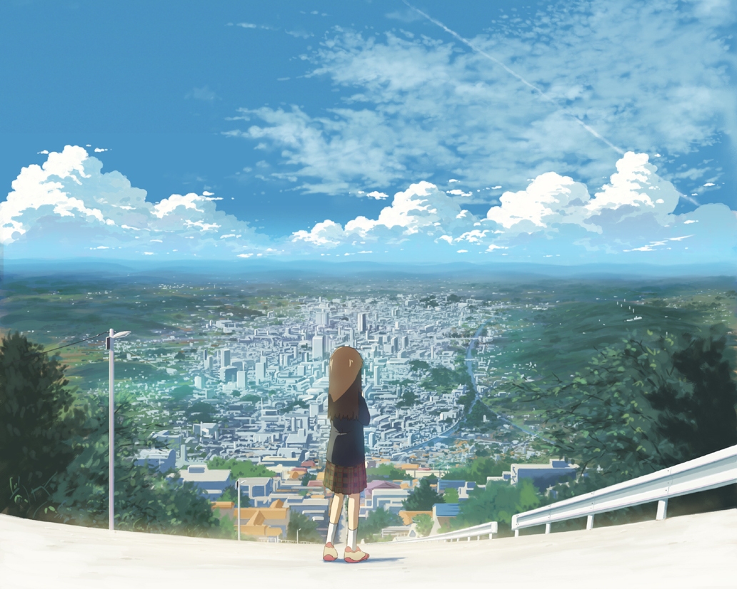 brown_hair, building, city, clouds, cropped, isai_shizuka, landscape, original
