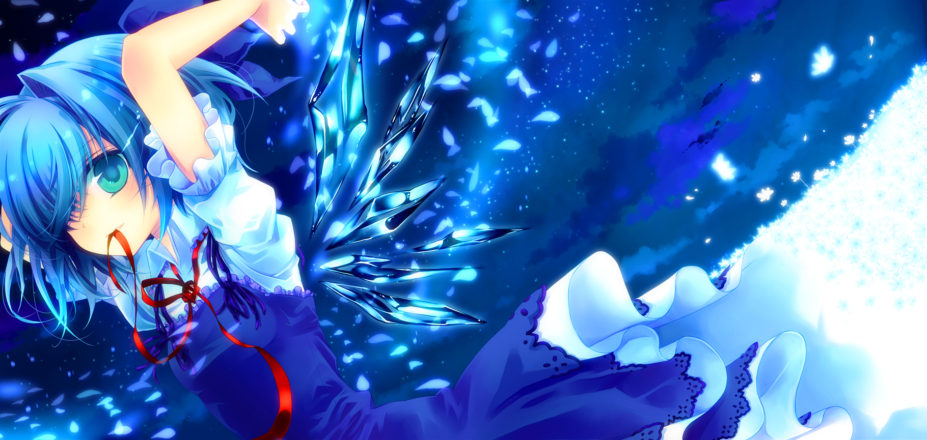 aqua_eyes, aqua_hair, cirno, dress, fairy, flowers, konno_kengo, petals