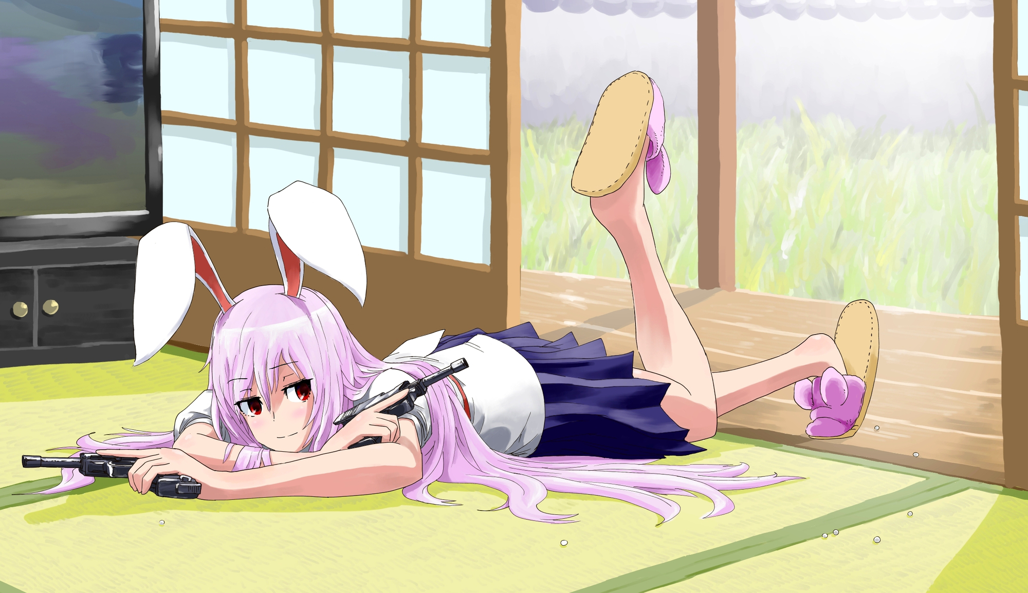 animal_ears, buncha_to_imon, bunny_ears, bunnygirl, grass, gun, long_hair, pink_hair, red_eyes, reisen_udongein_inaba, school_uniform, touhou, weapon