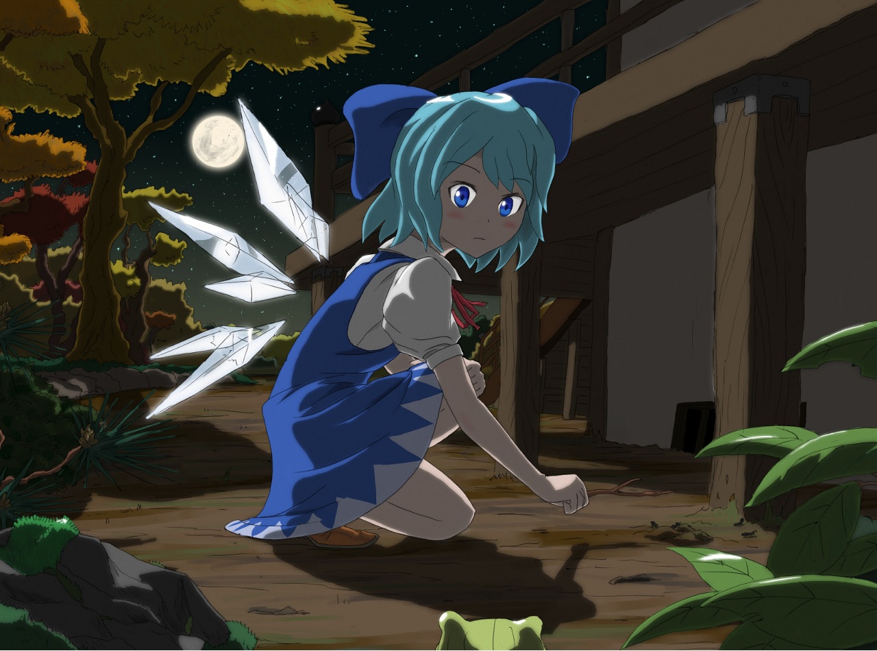 animal, blue_eyes, blue_hair, bow, buncha_to_imon, cirno, fairy, frog, moon, night, short_hair, sky, stars, touhou, tree, wings