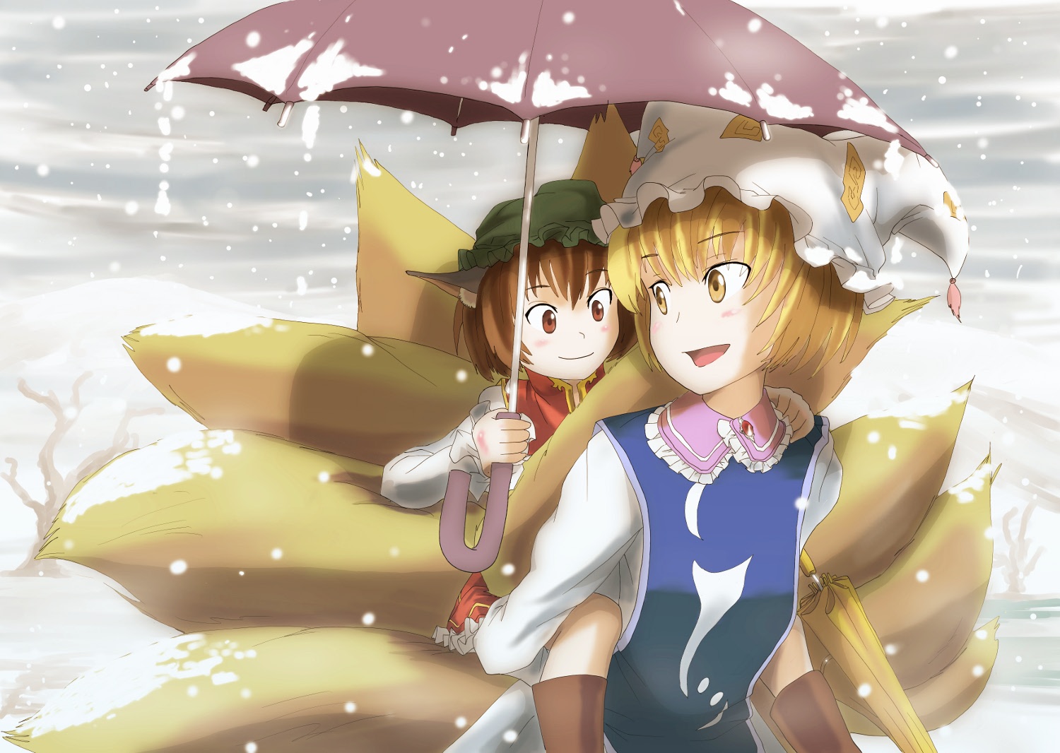 animal_ears, blonde_hair, brown_eyes, brown_hair, buncha_to_imon, catgirl, chen, dress, foxgirl, hat, multiple_tails, short_hair, snow, tail, touhou, umbrella, yakumo_ran, yellow_eyes