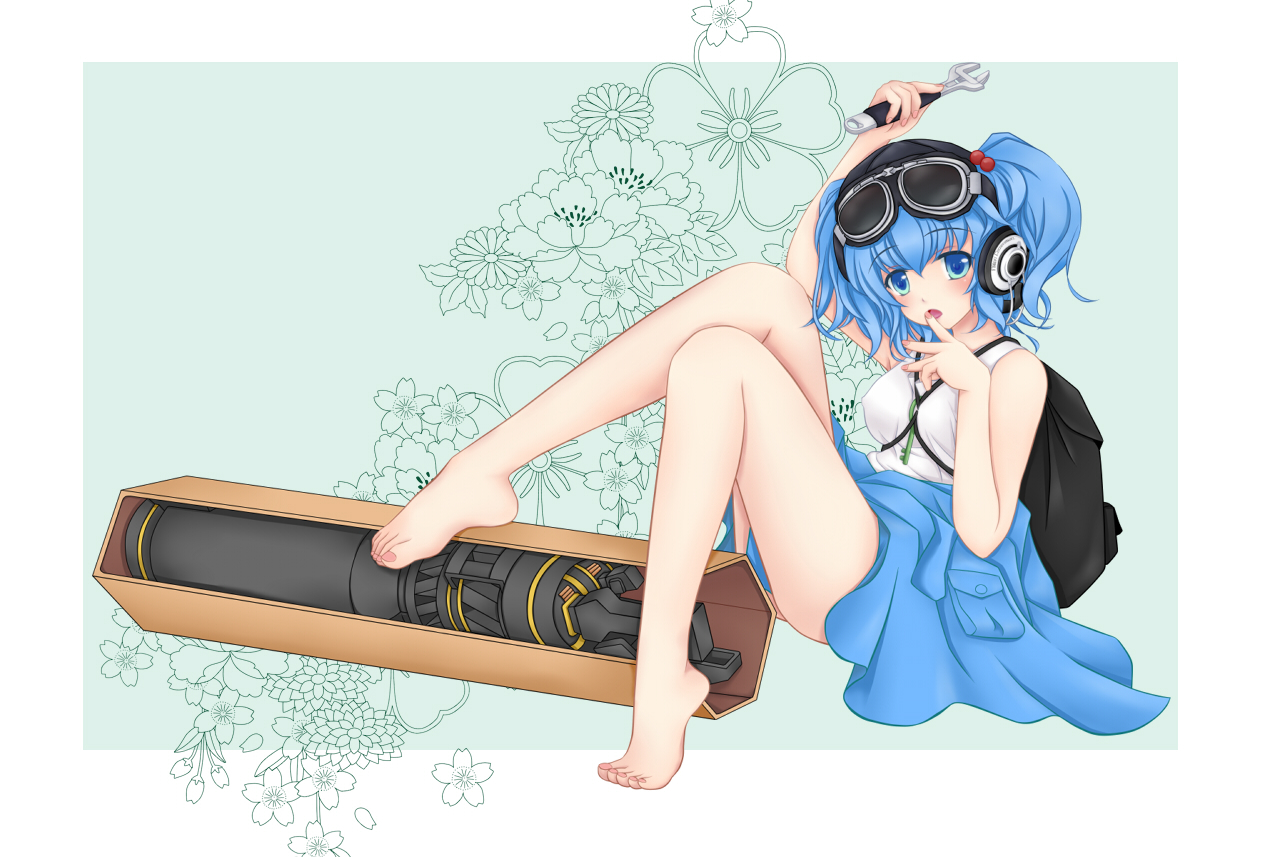 barefoot, blue_eyes, blue_hair, flowers, goggles, headphones, kawashiro_nitori, nekokotei