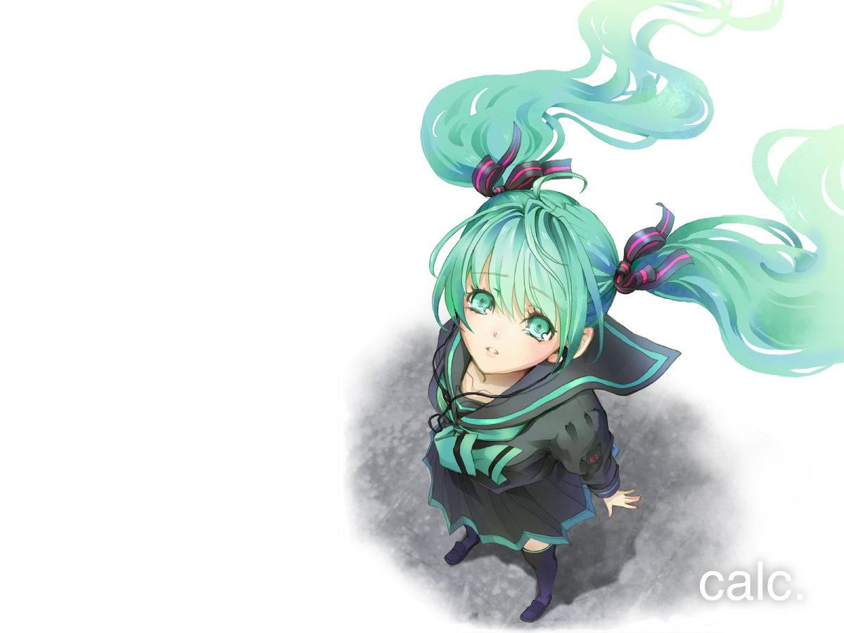 aqua_eyes, aqua_hair, hatsune_miku, thighhighs, tie, twintails, vocaloid, white, yamano_uzura