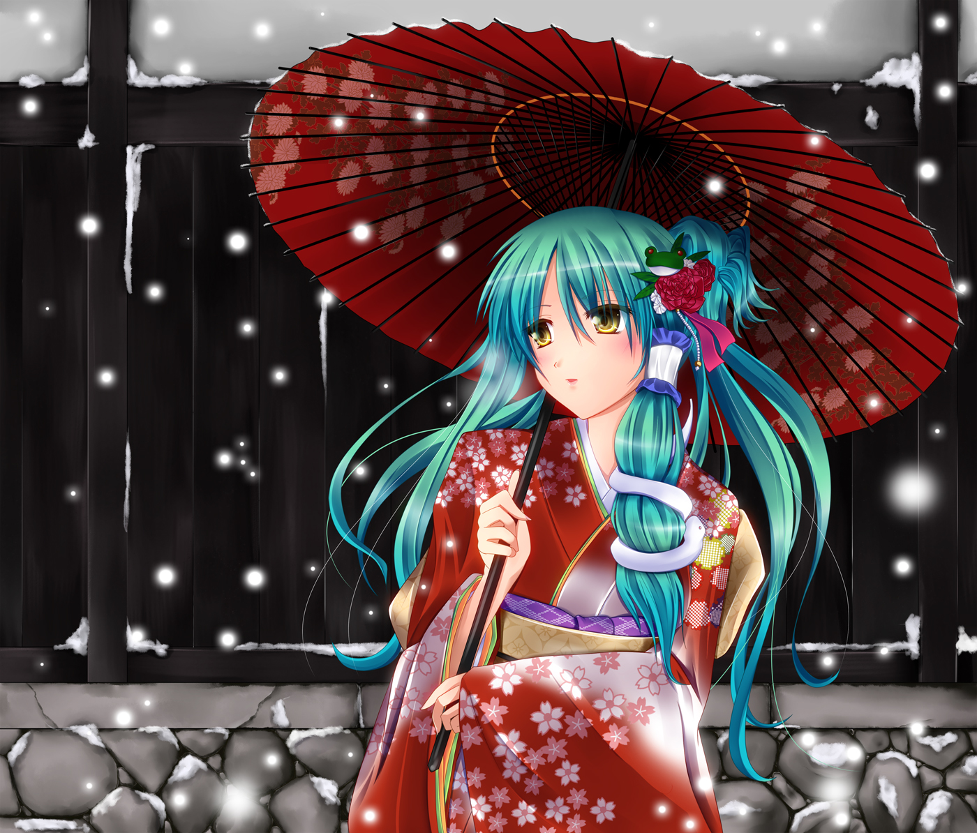 aqua_hair, blush, fule, japanese_clothes, kimono, kochiya_sanae, long_hair, snow