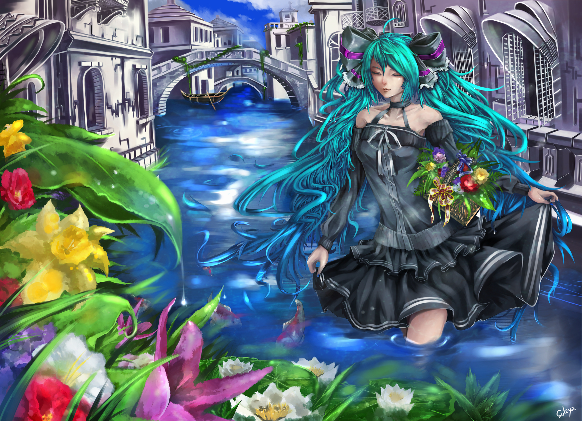 animal, aqua_hair, dress, fish, flowers, hatsune_miku, sukya, twintails, vocaloid, wet