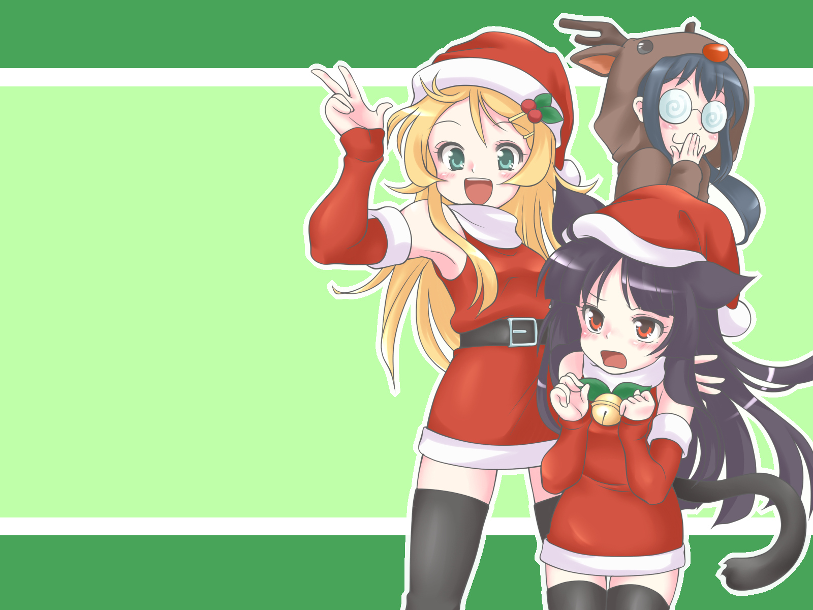 animal_ears, black_hair, christmas, glasses, gokou_ruri, green_eyes, kotomi_(artist), kousaka_kirino, long_hair, makishima_saori, orange_hair, ore_no_imouto_ga_konna_ni_kawaii_wake_ga_nai, red_eyes, reindeer, santa_costume, tail, thighhighs