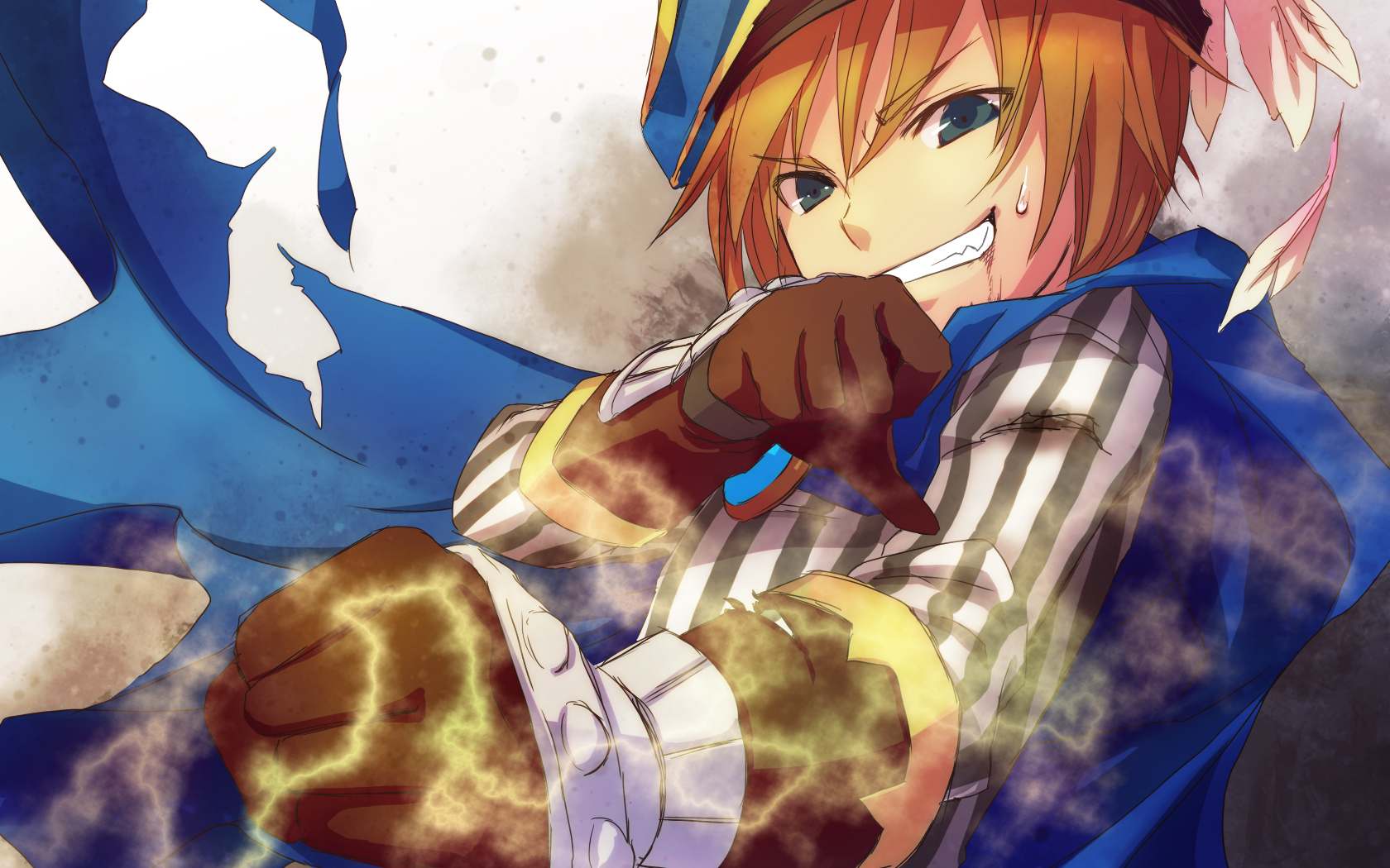 blonde_hair, feathers, gloves, green_eyes, hat, maplestory, tsubaki_ki