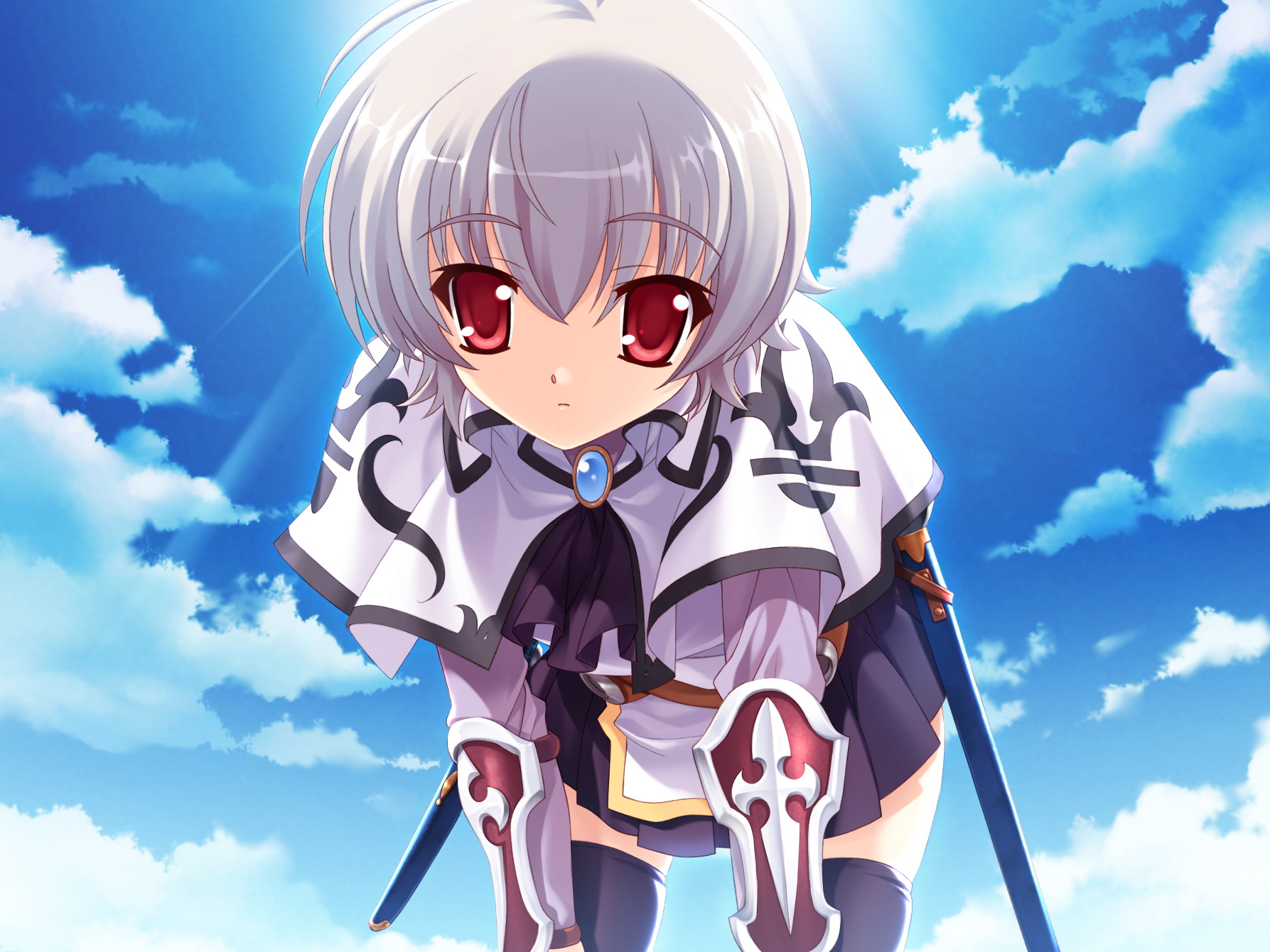 boku_no_te_no_naka_no_rakuen, caramel_box, clouds, game_cg, kurosaki, red_eyes, school_uniform, short_hair
