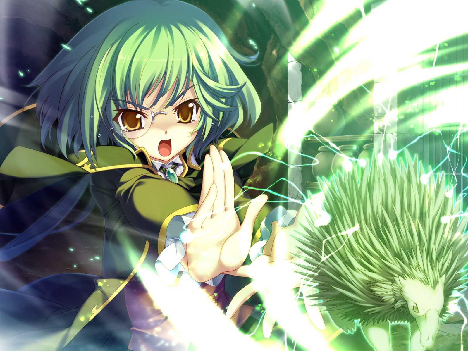 boku_no_te_no_naka_no_rakuen, brown_eyes, caramel_box, game_cg, glasses, green_hair, kurosaki, luzie_coulee