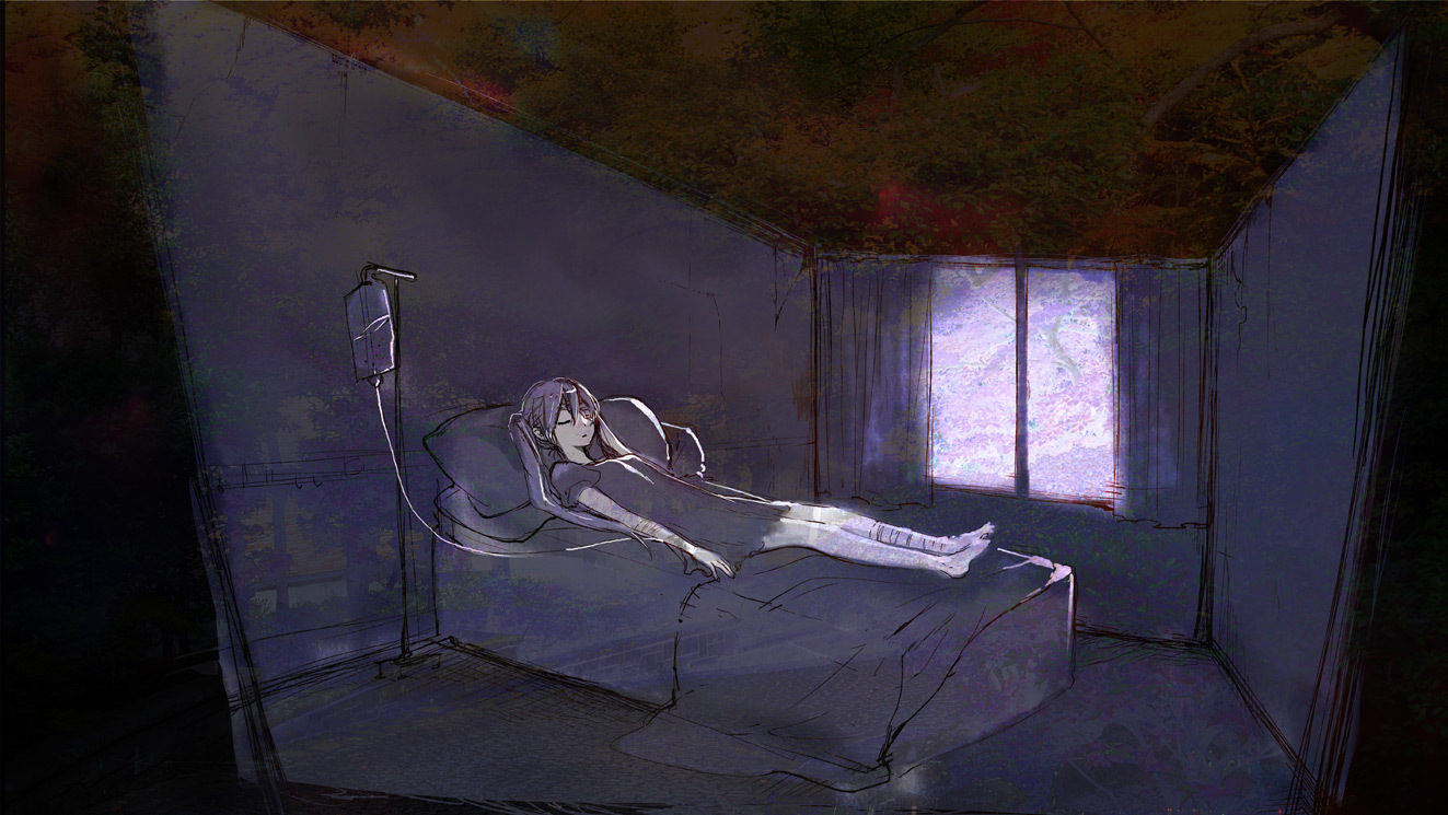bandage, bed, eyepatch, hatsune_miku, long_hair, twintails, vocaloid, weda_(artist)
