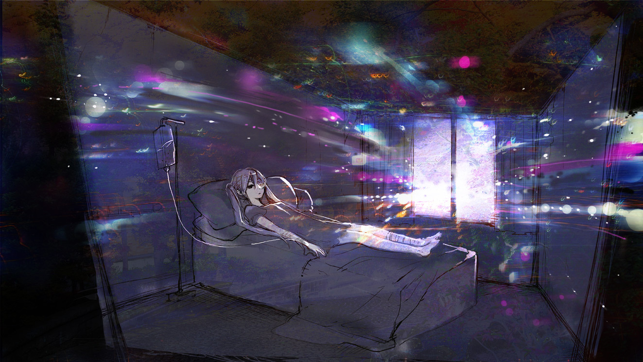 bandage, bed, dress, eyepatch, hatsune_miku, long_hair, twintails, vocaloid