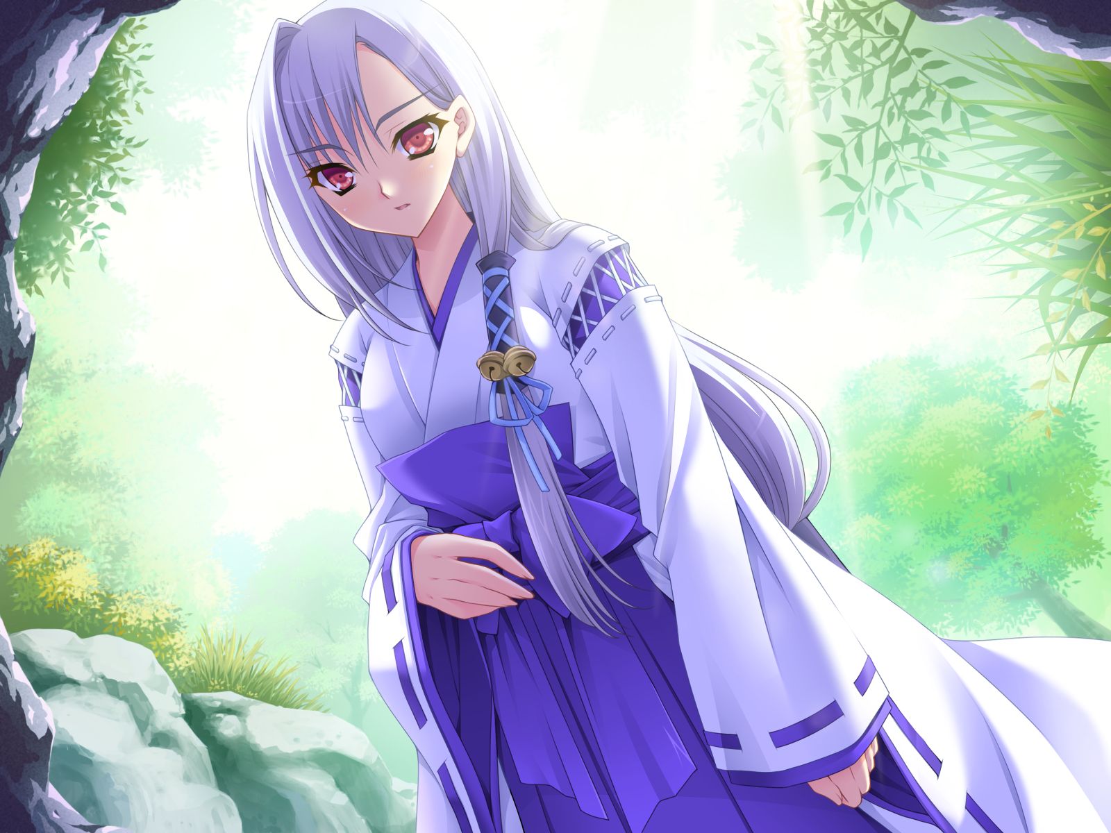 game_cg, gray_hair, japanese_clothes, kurenai_no_tsuki, long_hair, miko, otonashi_akari, red_eyes, riv