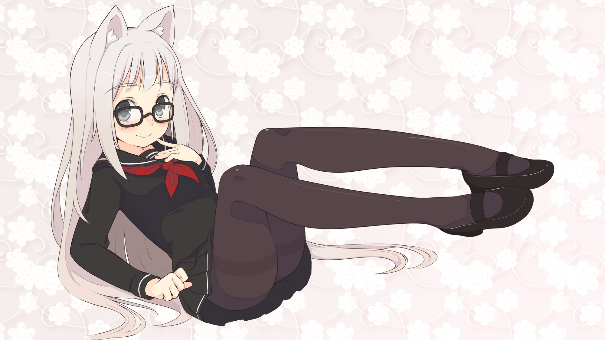 animal_ears, black_eyes, glasses, oza_watto, pantyhose, school_uniform